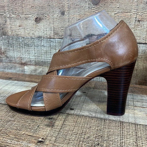 Seychelles Route Heels Womens Size 9.5 Tan Leather Criss-Cross Open Toe Buckle - Picture 10 of 16